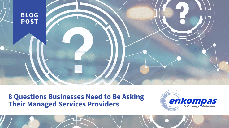 Abstract, technology image with question marks and caption "8 questions businesses should be asking abou their managed services provider."