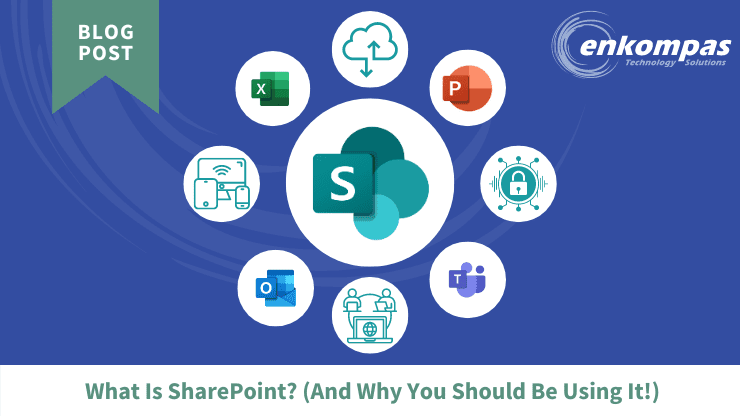Image of software and solution icons surrounding the logo for SharePoint. The caption is What Is SharePoint and why you should be using it.